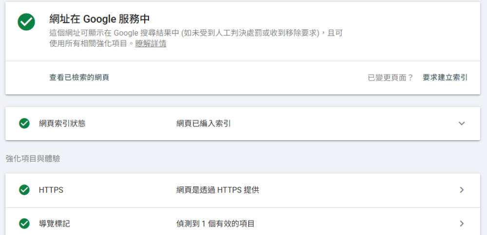 Google Search Console 已建立索引畫面