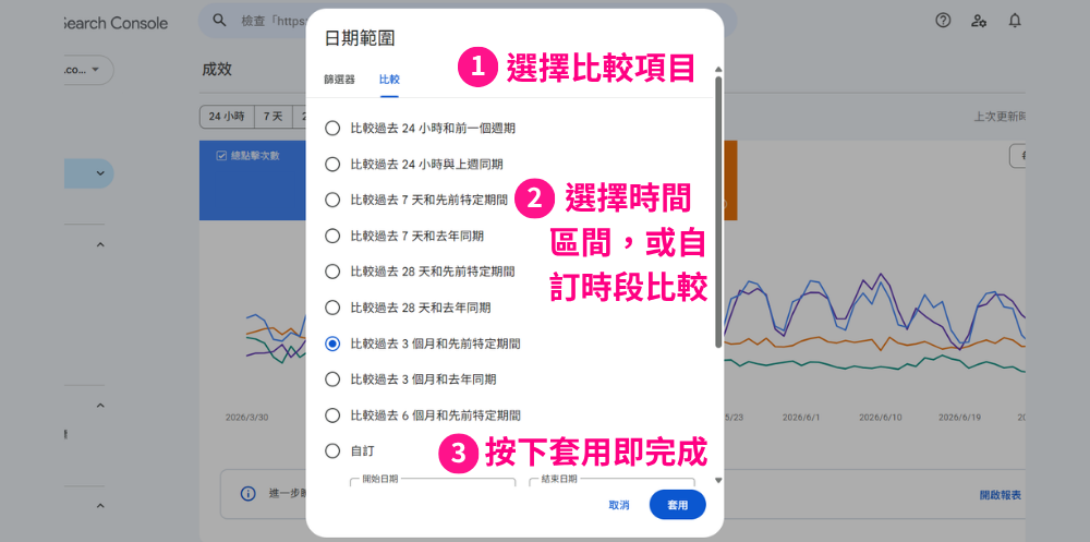 Google Search Console 日期比較篩選方式