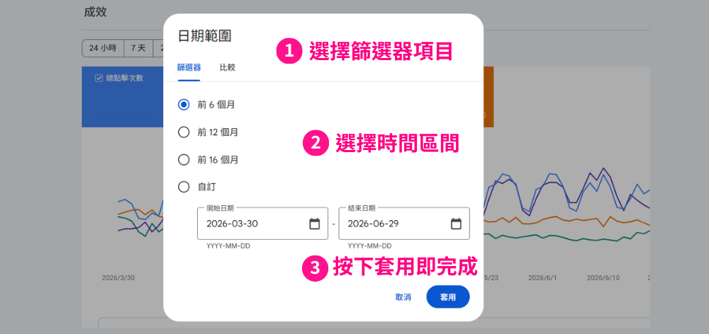 Google Search Console 日期範圍篩選方式