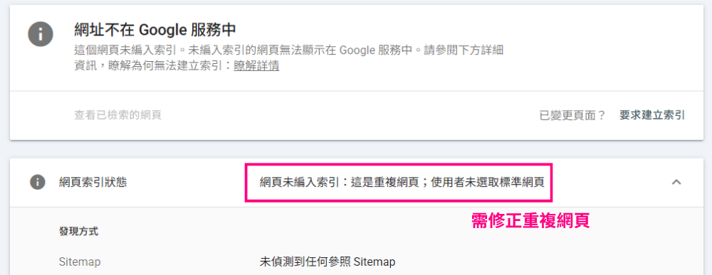 Google Search Console 重複網頁