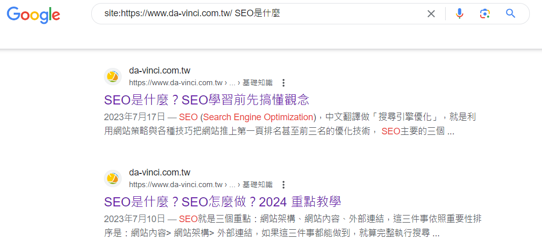 直接Google搜尋「site:domain.com」關鍵字