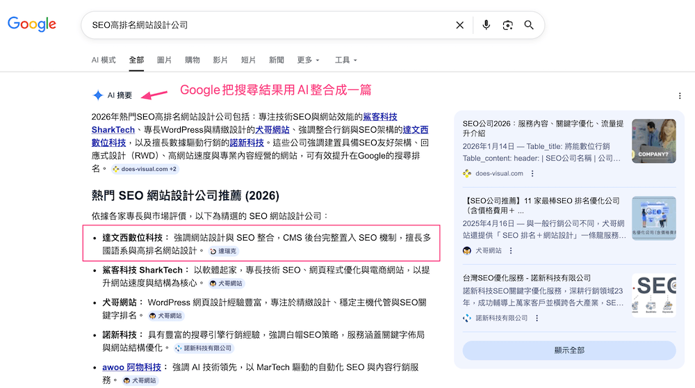 Google 的AIO搜寻结果