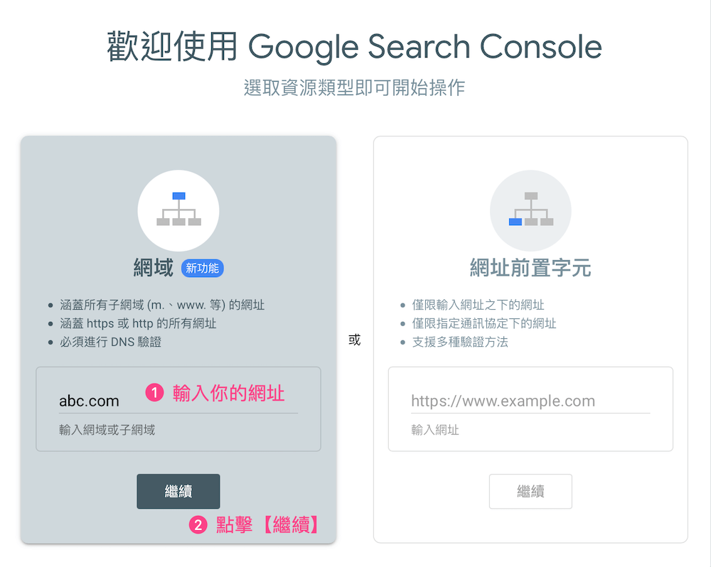 选择Search Console 网域类型